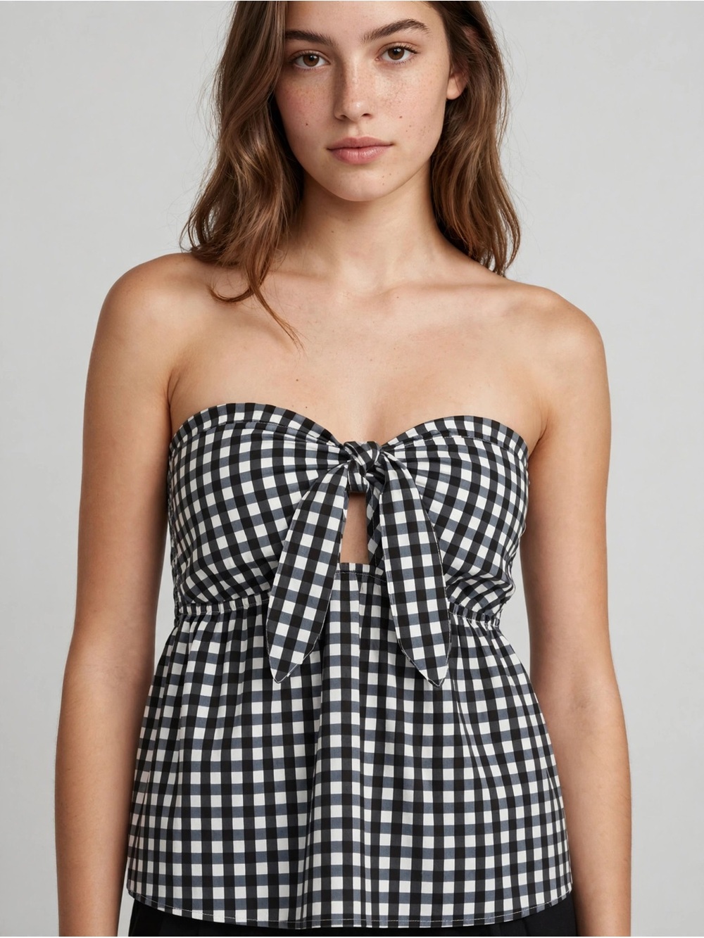 Strapless Black and White Gingham Tie-Front Top Dress